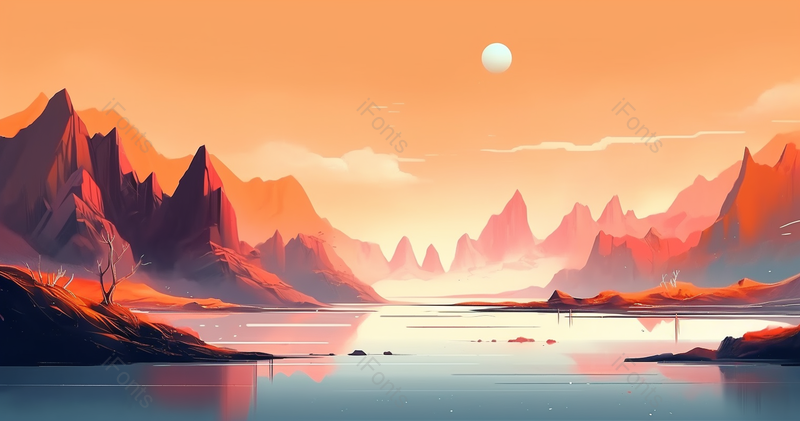 秋季阳光照耀下的金色山川湖泊手绘美景,插画/手绘图,插画/手绘图库,插画/手绘图下载,插画/手绘